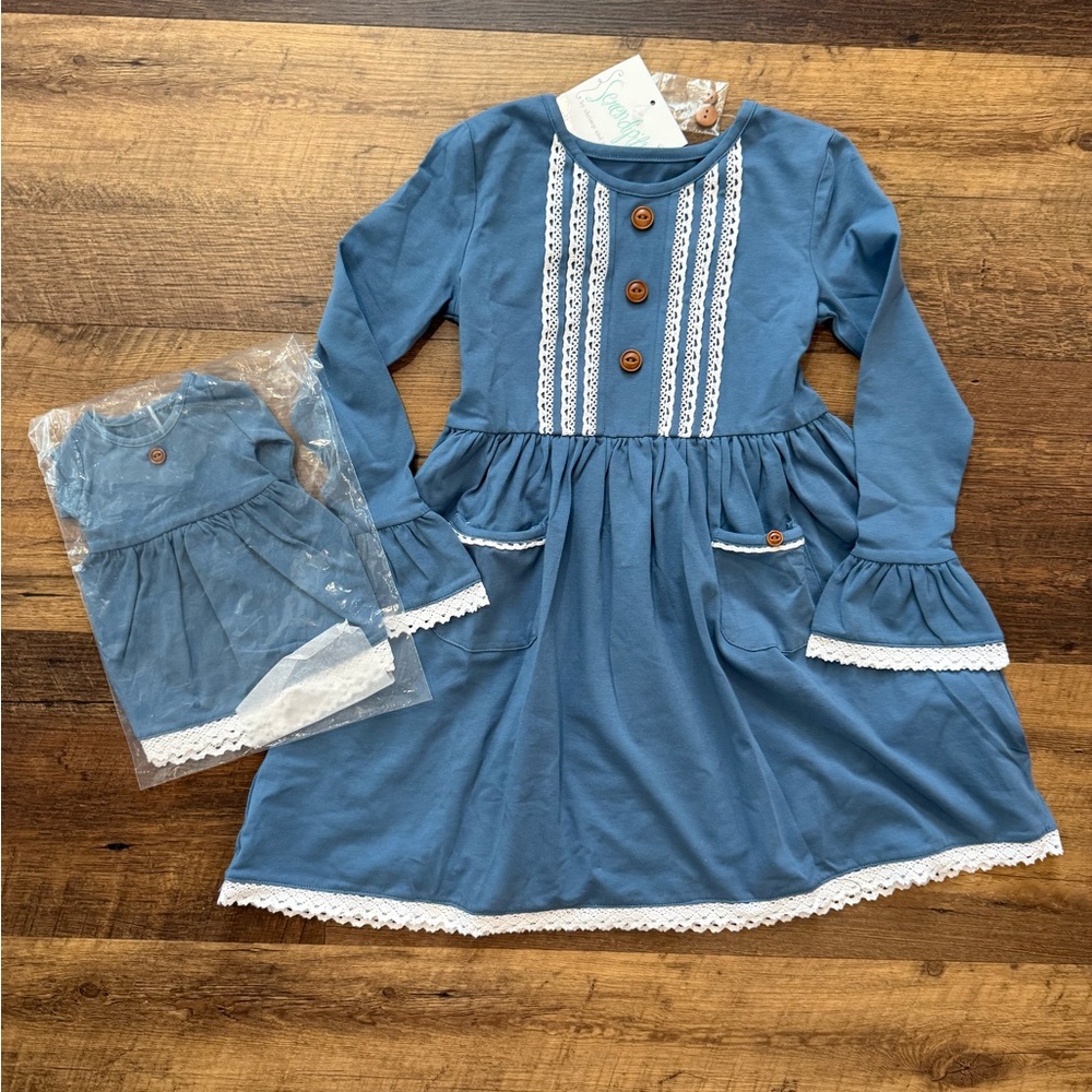 Blue Long Sleeve Girls Dress with Lace Trim